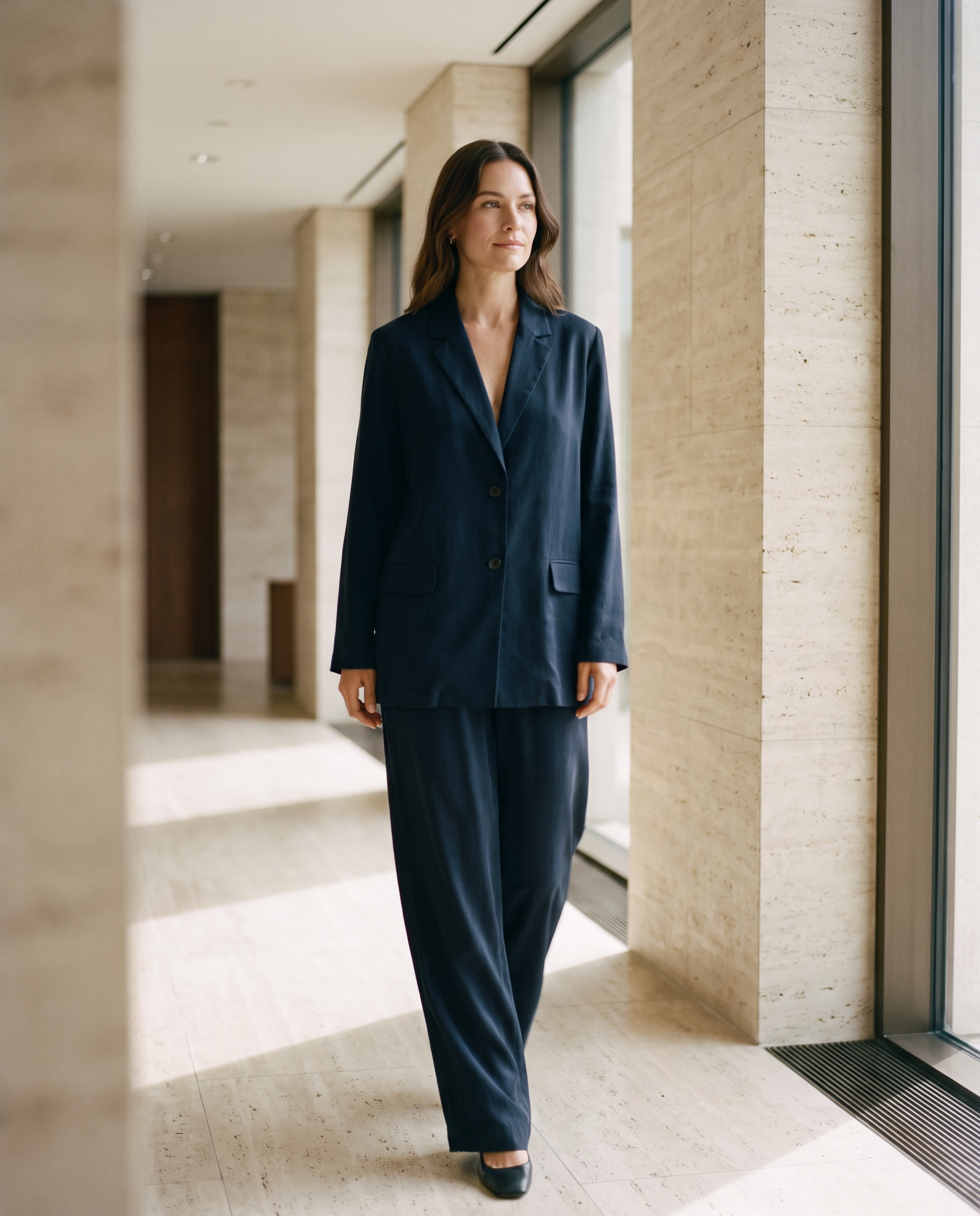 Woman in a navy viscose-Tencel co-ord walking through a sunlit corridor