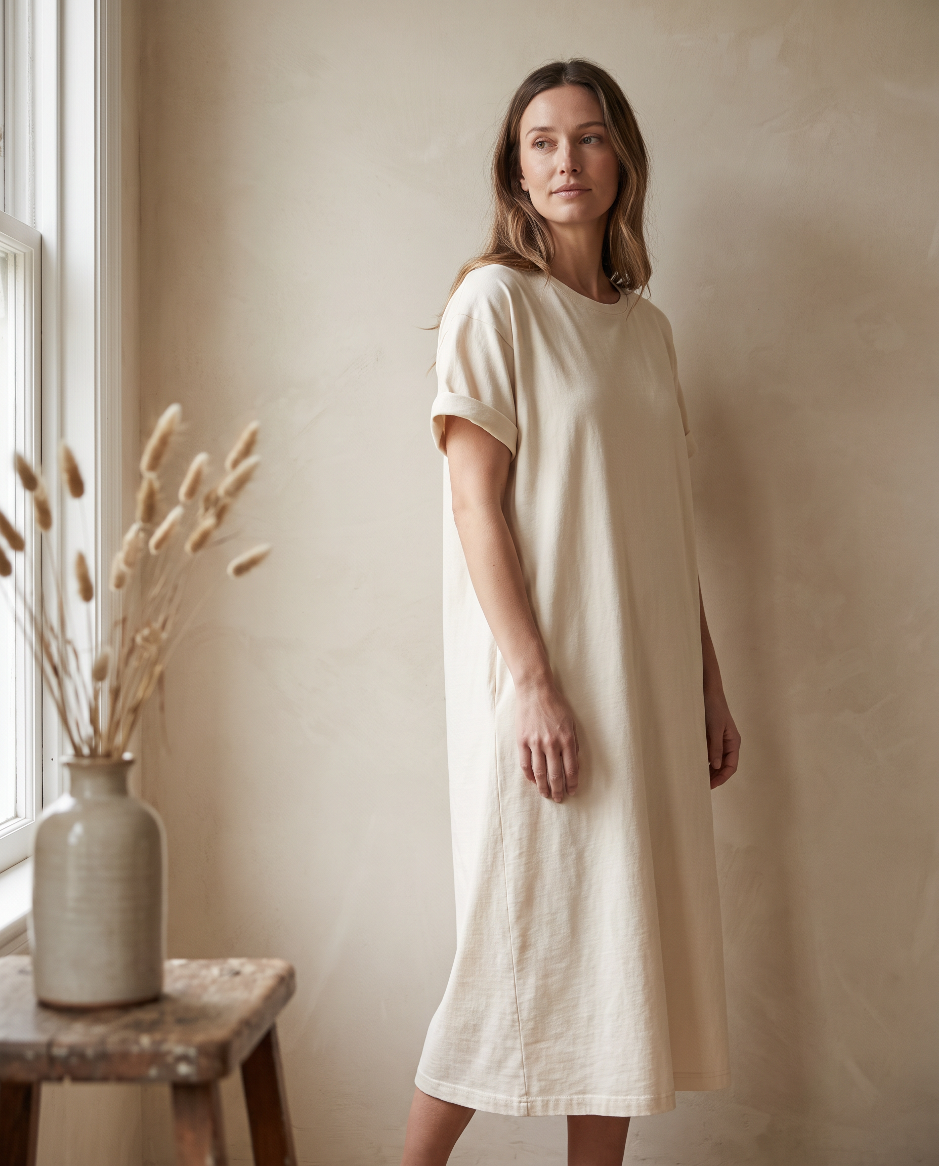 Cream organic cotton jersey midi dress