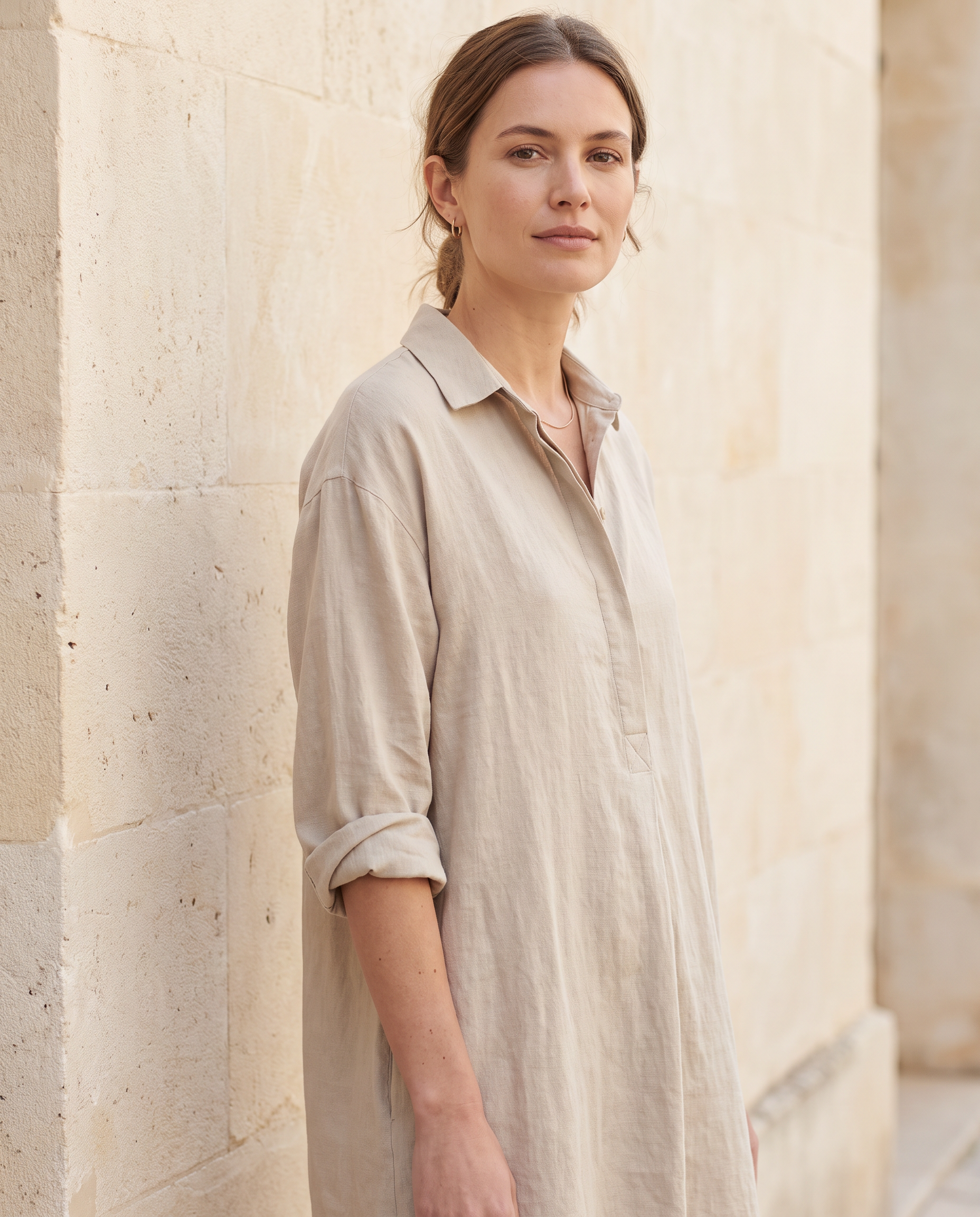 Oat cotton-Tencel shirt dress against a warm stone-cream wall